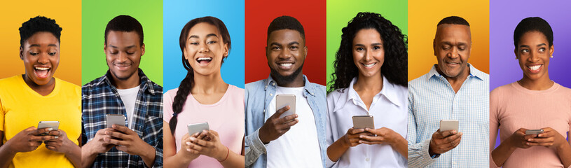 Poster - International women and men with cellphones using internet, communicating in social media, colored backgrounds