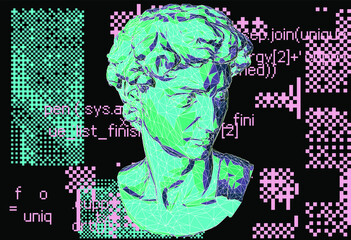 Poster - 3D low poly model of a bust sculpture of a human head on a dark background with lines of random program source code.