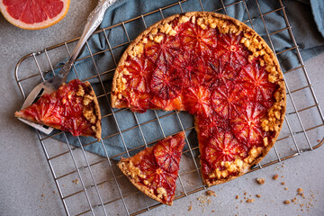 Sweet fruit cake, delicious baked dessert with blood oranges