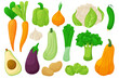Vegetable food. Cartoon organic vegan products, carrots, peppers, onions, zucchini, eggplant, potatoes, cucumber, avocado. Vector isolated set