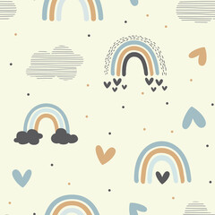 Wall Mural - Rainbows and hearts pastel seamless pattern. Rainbow with clouds hand drawn doodle cute baby or kids print.