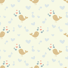 Wall Mural - Cute bird and music notes seamless pattern. Colorful songbirds print for paper or fabric.