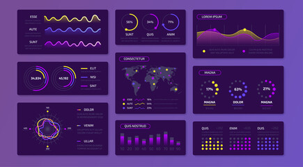 Dashboard data infographic. UI kit for website admin panel with graphs charts and progress bars, business data interface. Vector presentation