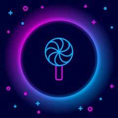 Sticker - Glowing neon line Lollipop icon isolated on black background. Candy sign. Food, delicious symbol. Colorful outline concept. Vector