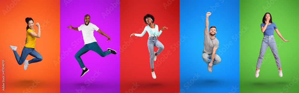 Collage of happy international young people jumping in air, having fun ...