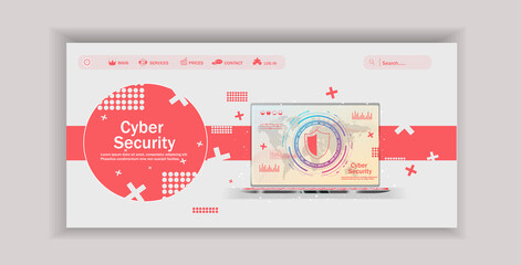 Poster - Cyber security, data protection, cyberattacks concept on blue background. Database security software development. Online security concept. Laptop protected with shield. Vector illustration