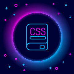 Glowing neon line Books about programming icon isolated on black background. Programming language concept. PHP, CSS, XML, HTML, Javascript learning. Colorful outline concept. Vector