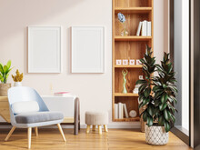 Two Poster Mockup With Vertical Frames On Empty White Wall In Living Room Interior And Armchair.