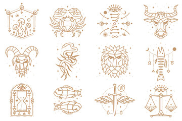 Wall Mural - Esoteric and zodiacal symbols. Vector illustration. Outline icon for alchemy, sacred geometry. Mystic or magic design with zodiac sign.