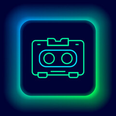 Poster - Glowing neon line Retro audio cassette tape icon isolated on black background. Colorful outline concept. Vector