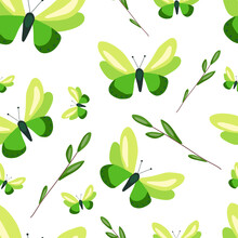 Seamless Vector Pattern With Butterfly And Flowers. Printing On Wrapping Paper, Wallpaper, Fabric, Textiles. Spring Backgroun