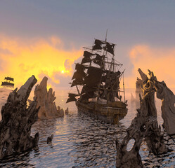 Wall Mural - old scary pirate ship at the sea render 3d illustration