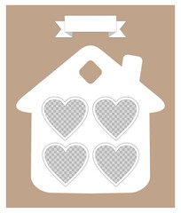 House with hearts on beige background. Four Empty photo frames in the shape of a hearts. Holiday card, banner, poster Mockup. Insert your photo into template collage. A symbol of family and love.