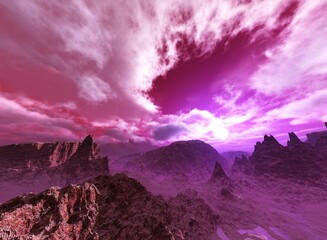 Wall Mural -  alien landscape at the rising of a star and a parade of planets, alien world, the surface of another planet, fantastic landscape, 3D rendering