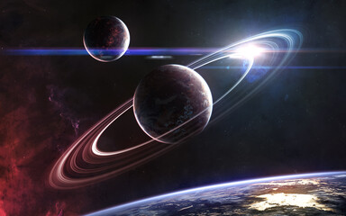 deep space. planets against background of bright star among nebulae. science fiction. elements of th
