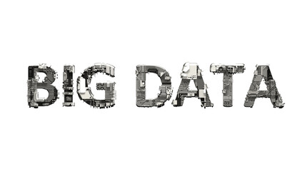 Poster - Big Data text of technogenic metal scrap cyber details, isolated - object 3D illustration