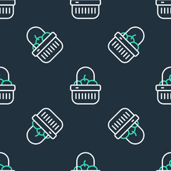 Sticker - Line Shopping basket and food icon isolated seamless pattern on black background. Food store, supermarket. Vector