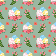 Easter eggs with flowers wreath. Vector seamless pattern on green background