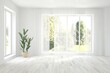 © AntonSh - Stylish empty room in white color with summer landscape in window. Scandinavian interior design. 3D illustration