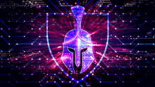 Network Protection Concept With Spartan Helmet Surrounded By Digital Network On Abstract Technology Background