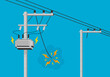 Broken electric wire of cement high voltage pole is damaged and short circuit spark electric current cause danger on blue background flat vector design.
