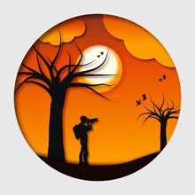 Summer Sunset Orange Sky With Silhouette Halloween Tree With Photographer