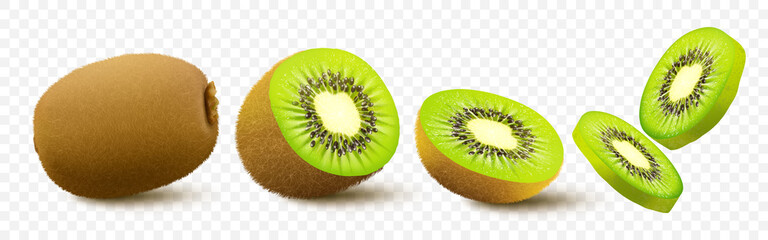 Wall Mural - kiwi fruit. whole, half and pieces. sweet fruit. 3d vector icons set. realistic illustration, isolat
