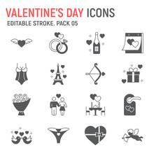 Valentines Day Glyph Icon Set, Love Collection, Vector Graphics, Logo Illustrations, Valentine S Day Vector Icons, Romantic Signs, Solid Pictograms, Editable Stroke