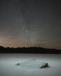 Winter lanscape on lake. Milky Way in the background. 