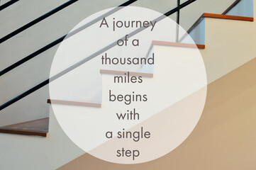Inspirational and motivational quote with phrase A JOURNEY OF A THOUSAND MILES BEGINS WITH A SINGLE STEP