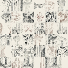 Abstract Seamless Pattern On Theme Of Ancient Architecture And Art. Vector Background In Grunge Style With Hand-drawn Architectural Fragments On A Light Backdrop. Wallpaper, Wrapping Paper Or Fabric