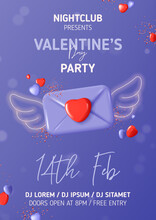 Happy Valentine's Day Party Poster. Vector Illustration With Purple Envelope, Angel Neon Wings, Red And Violet Hearts And Confetti. 3d Composition For Valentine's Day Party. Invitation To Nightclub.