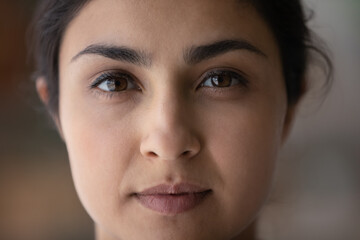 Face portrait of beautiful young Indian woman. Close up of serious ethnic 20s 30s girl with perfect skin, well shaped black eyebrows, natural makeup looking at camera. Beauty care, ethnicity concept