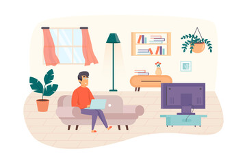 Aufkleber - Man freelancer working at laptop, sitting on sofa in living room scene. Freelance, remote work, self employed, comfortable home office concept. Illustration of people characters in flat design