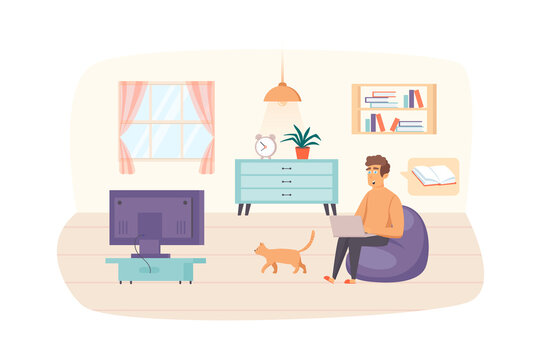 Man studying using laptop sitting on bag chair with cat in living room scene. Online education, e-learning, distance homeschooling concept. Illustration of people characters in flat design