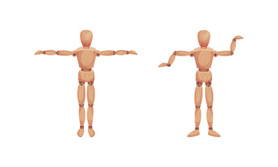 Wall Mural - Wooden Man with Jointed Arm and Leg in Different Pose Vector Set