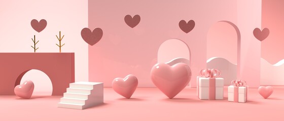 Poster - Hearts with geometric shapes - Appreciation and love theme - 3D render