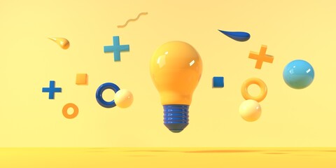 Poster - Light bulb with flying geometric shapes - 3D render