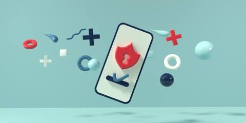 Poster - Cyber security theme with a smartphone and geometric shapes - 3D render