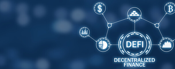 DeFi-Decentralized Finance on blue background.