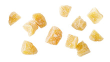 Candied Ginger Root Pieces With Sugar Flying Isolated On White Background.