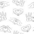 Seamless pattern of hands making a heart sign meaning love. Vector illustration concept of romantic relationship, Valentine s Day. Design background, fabric, wallpaper, stickers, etc.