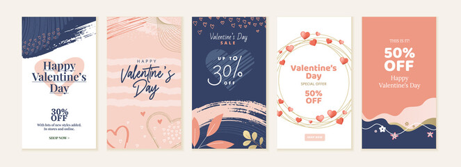 Wall Mural - Set of Valentines day social media banners. Vector illustrations for social media banners, website banners, online shopping, sale ads, greeting cards, marketing material.