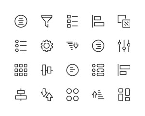 Sorting line icons. Sort, filtering, settings UI. Outline symbols set. Thin line design graphic elements collection. Modern style concepts. Vector line icons set