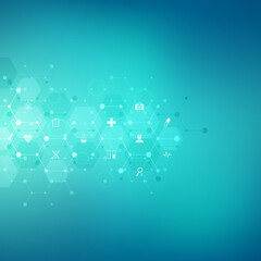 Wall Mural - Medical background with flat icons and symbols. Template design with concept and idea for the healthcare technology, innovation medicine, health, science, and research