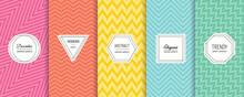Vector Geometric Seamless Patterns Collection. Set Of Bright Colorful Background Swatches With Elegant Minimal Labels. Cute Abstract Textures With Zigzag Lines, Chevron. Elegant Modern Funky Design 
