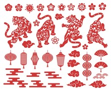 Chinese Traditional Ornaments. Oriental Decorative Traditional Elements, Tigers In Different Poses, Red Silhouette Asian Symbols, Various Flowers, Clouds And Lanterns Vector Isolated Set