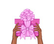 Vector drawing elegant African American woman hand. Woman Fashion model fingers with manicure long sharp nails holding pink gift boxes decorated ribbons and bows. Design print Festive greeting present