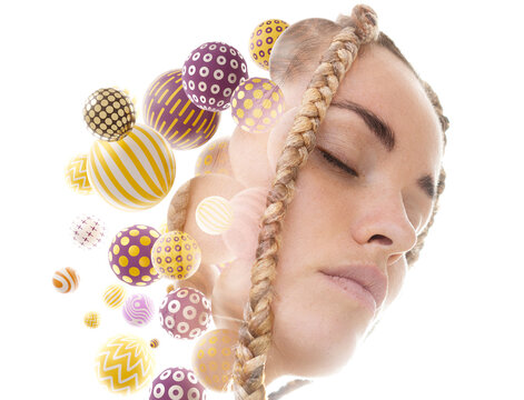 A portrait of a woman combined with 3D spheres in a double exposure technique.