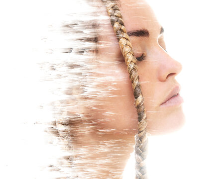 A profile portrait of a woman combined with a pixelsort effect. Double exposure.